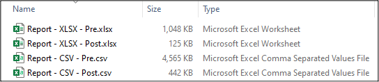 A screenshot showing the file sizes of the report files before and after removing excess spaces